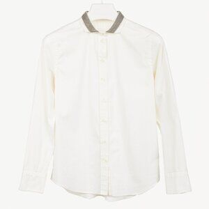 Brunello Cucinelli SS/17 Off-White Cotton Poplin Monili-Collar Shirt